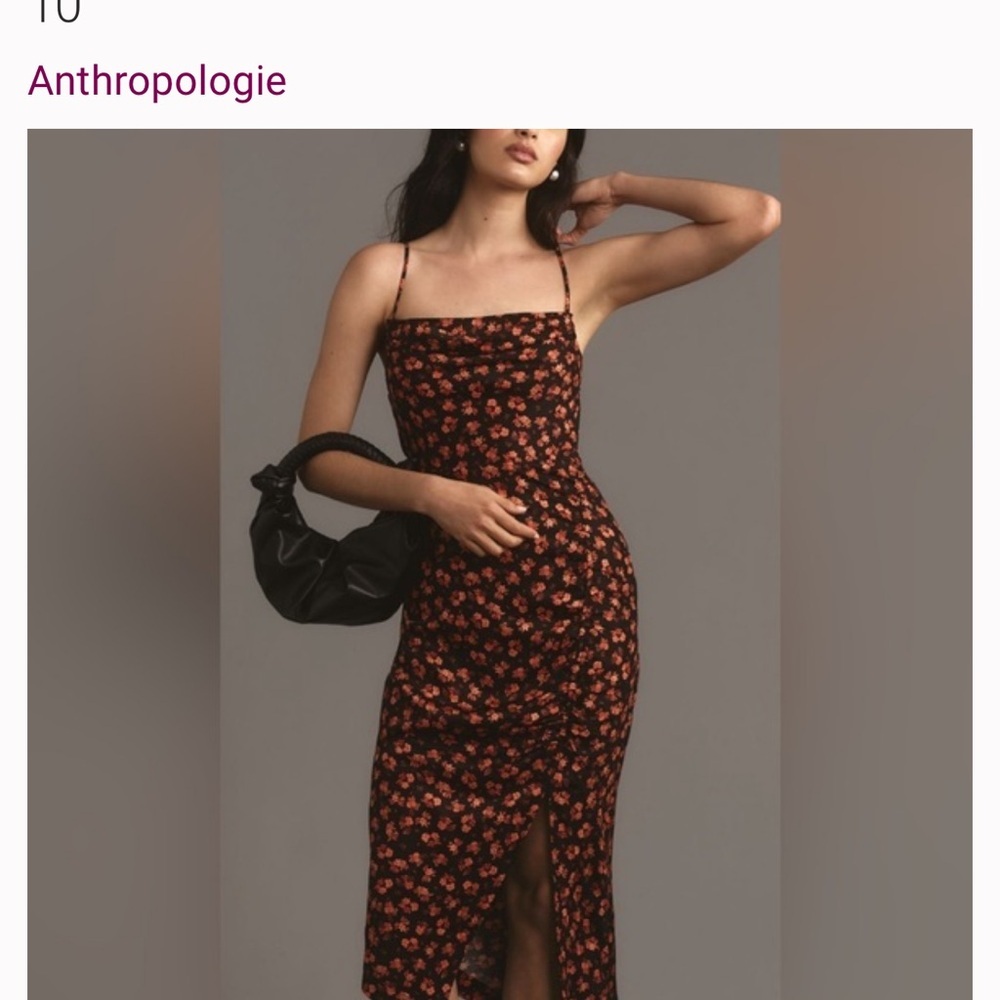 Anthropologie Black Floral Midi Dress with Red Flowers